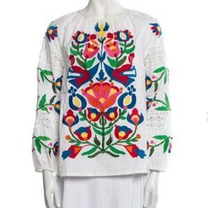 Frances Valentine Printed Scoop Neck Embroidered Blouse Shirt
